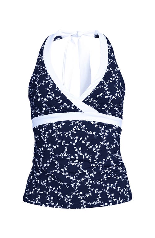 Lands' End Plus Size V-neck Halter Tankini Top In Navy/white Flowering Vine