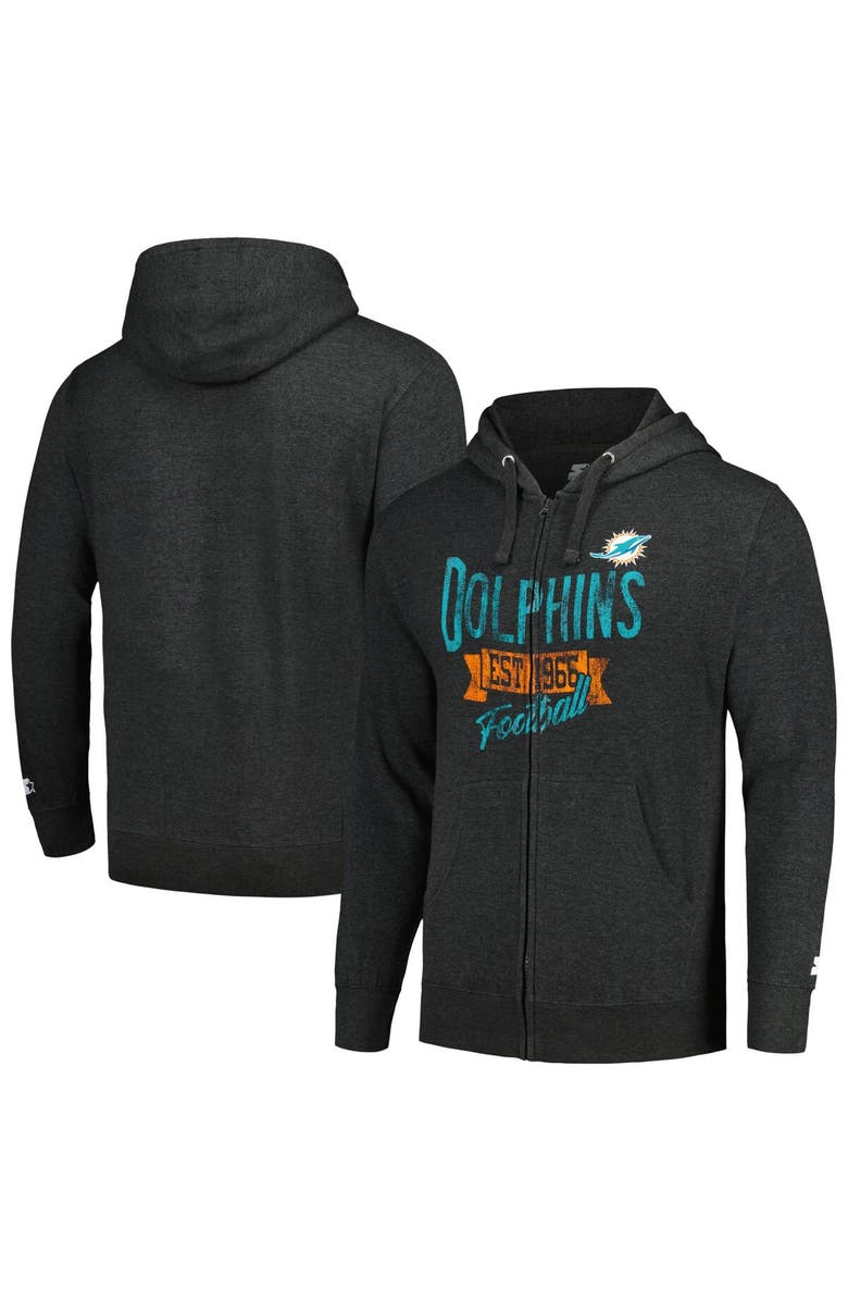STARTER Men's Starter Heather Charcoal Miami Dolphins Primary Logo Full-Zip Hoodie Jacket, Alternate, color, 