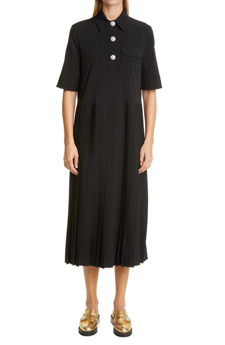 Ganni Short Sleeve Suiting Fabric Midi Dress, Main, color, Black