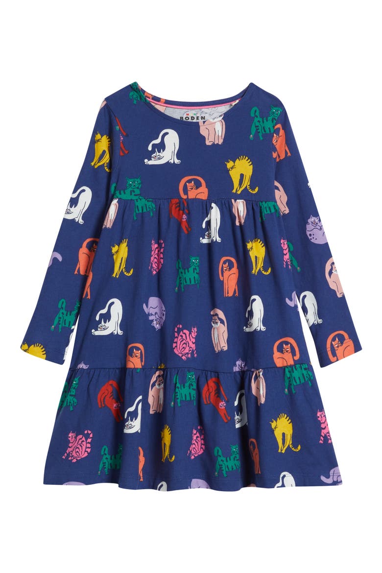 Kids' Ariel Twirly Cat Print Long Sleeve Cotton Jersey Dress, Main, color, MYSTIC PURPLE CATS