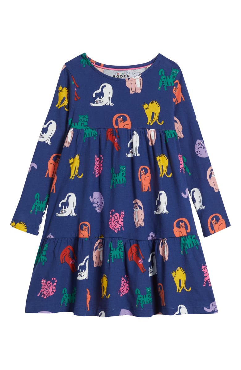 Mini Boden Kids' Ariel Twirly Cat Print Long Sleeve Cotton Jersey Dress, Main, color, Mystic Purple Cats