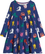 Mini Boden Kids' Ariel Twirly Cat Print Long Sleeve Cotton Jersey Dress