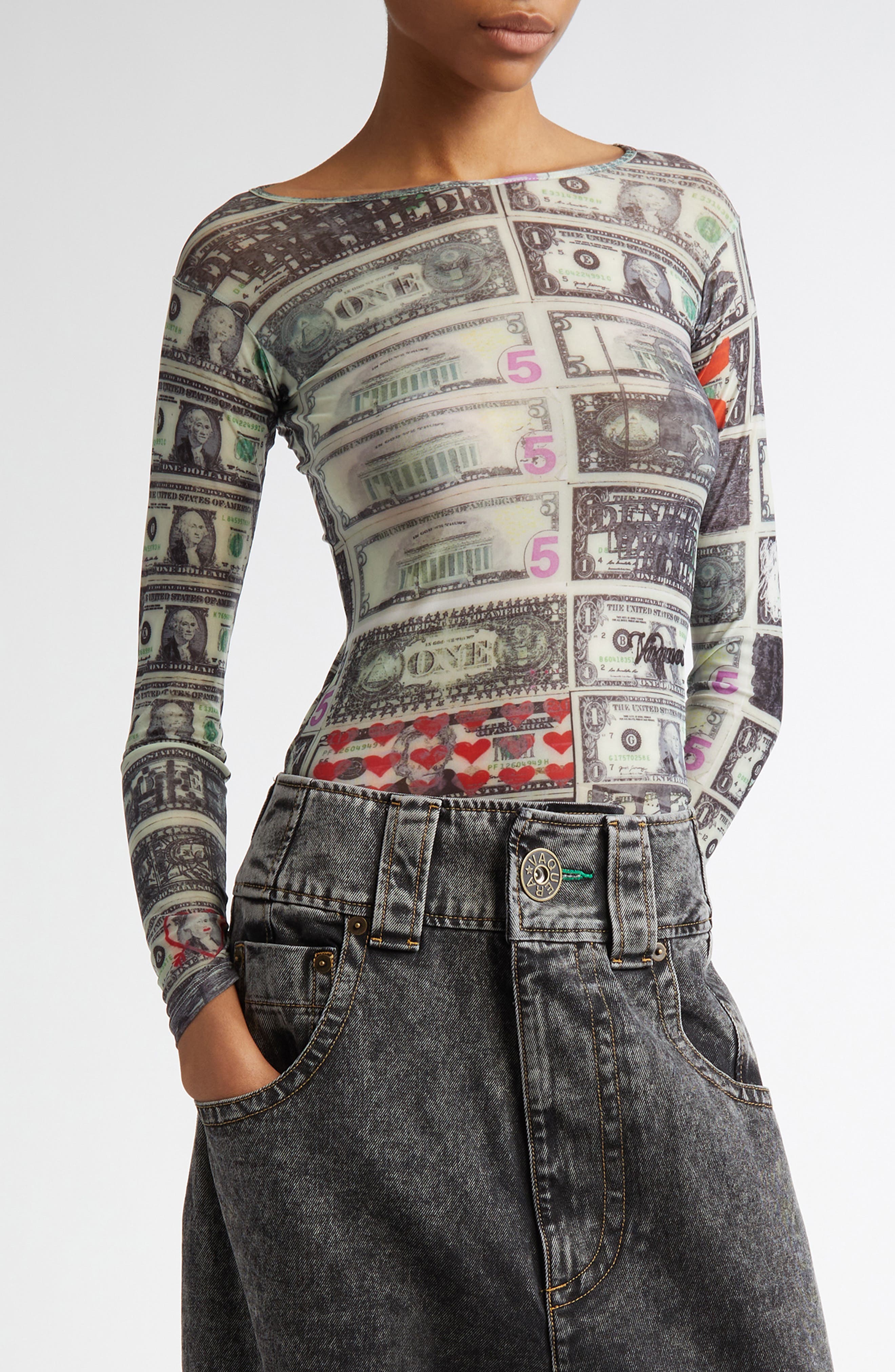 Vaquera Dollars Second Skin Mesh Top in Dollars Print 