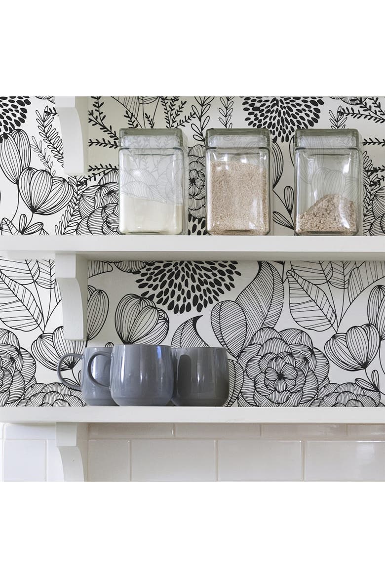 Black Secret Garden Peel & Stick Wallpaper, Alternate, color, BLACK