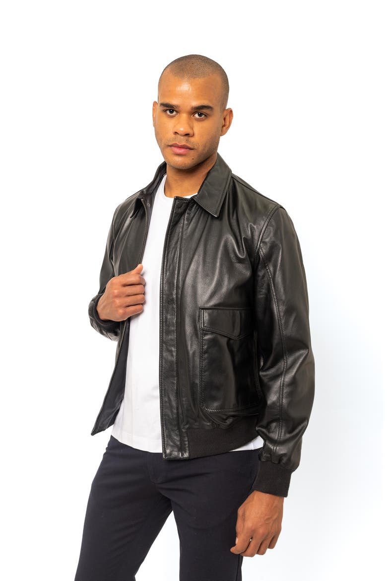 Leather Bomber Jacket, Alternate, color, BLACK