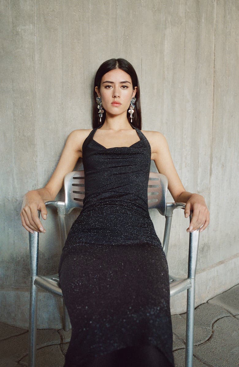 MANGO Metallic Halter Dress, Alternate, color, 