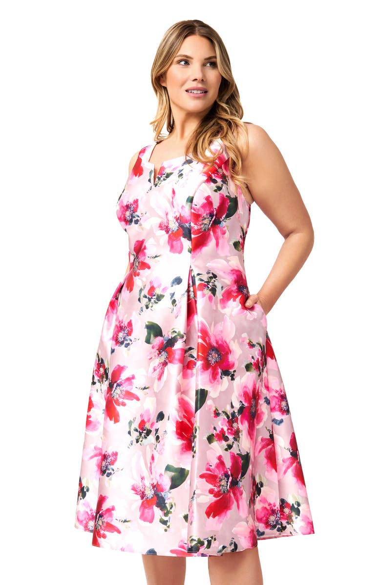 Adrianna Papell Mikado Floral Satin Fit & Flare Midi Dress, Alternate, color, 