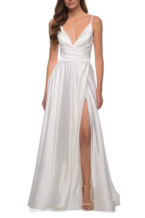 La Femme Spaghetti Strap V Neck Front Side Slit Satin Maxi Gown - popular White - size 8