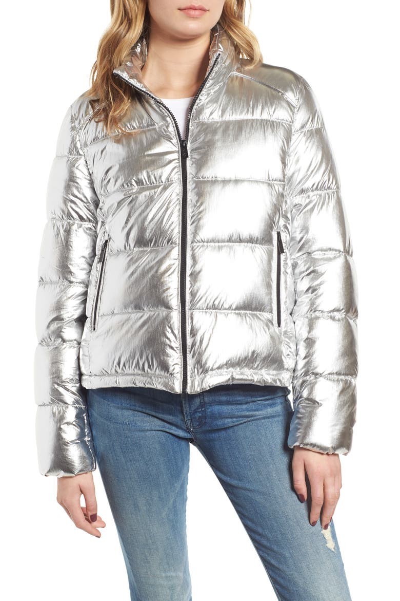 Metallic Puffer Jacket, Alternate, color, SILVER