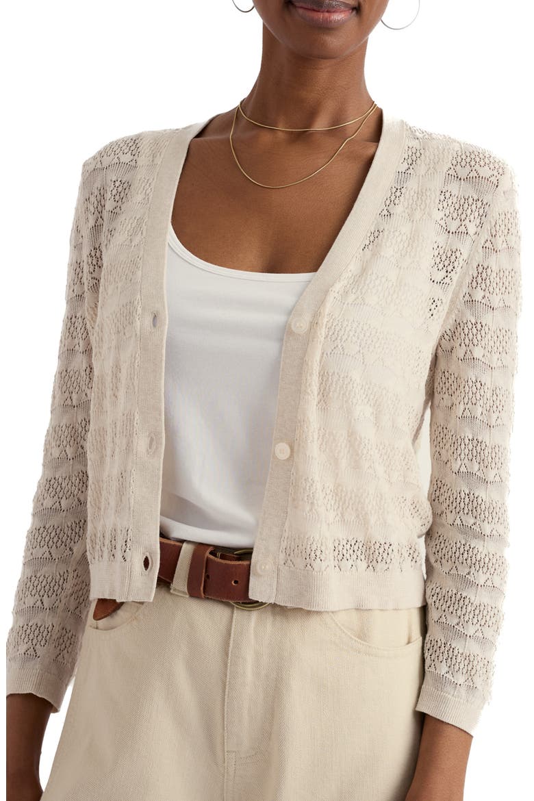 Sweet Day Pointelle Organic Cotton Cardigan, Main, color, KNIT MELANGE CHALK