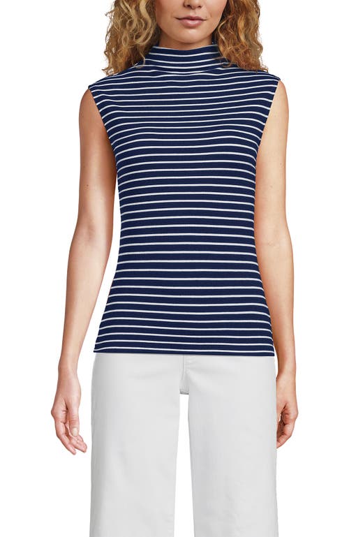 Lands' End Cap Sleeve Drapey Rib Fitted Funnel Neck Tank In Deep Sea Navy/ivory Stripe