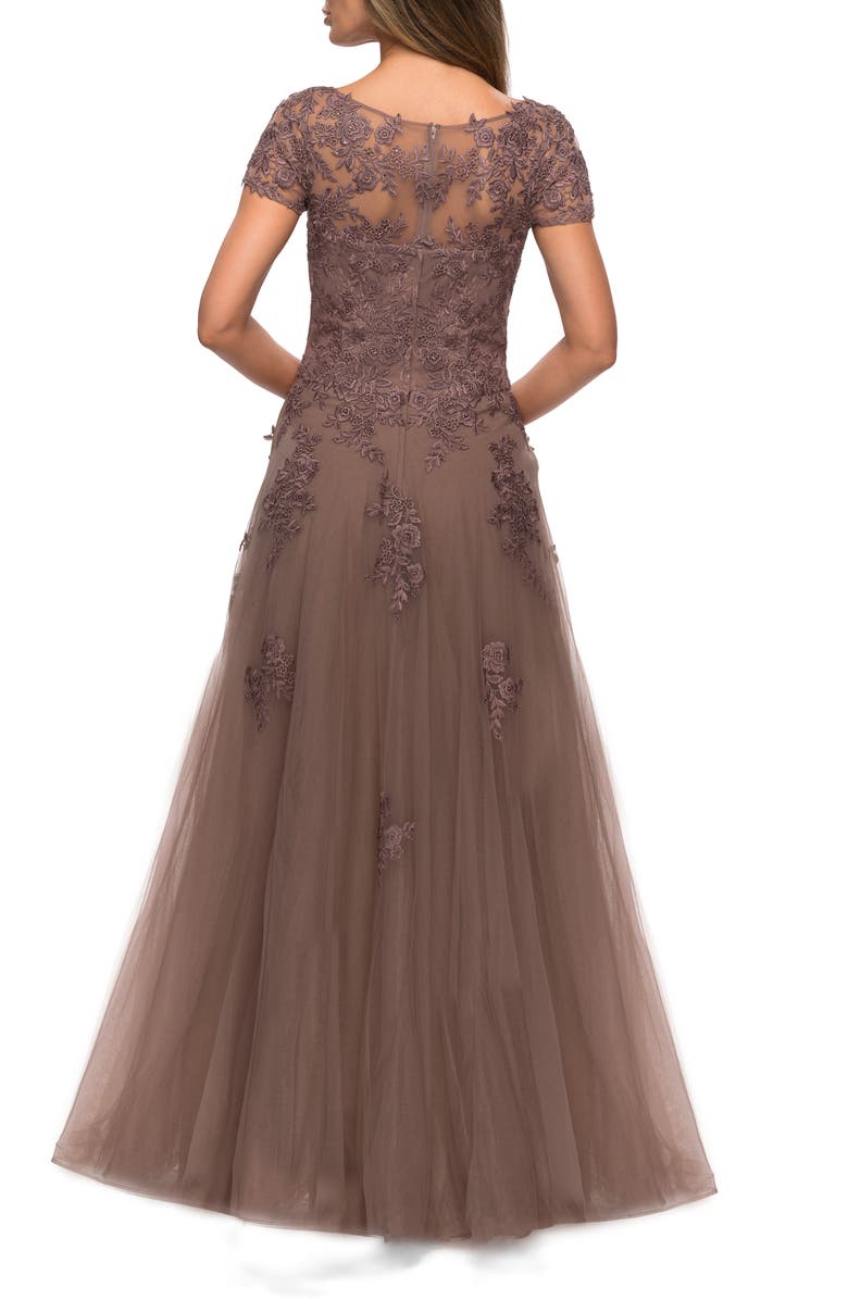 La Femme A-line Formal Gown with Floral Lace Appliques, Alternate, color, Cocoa