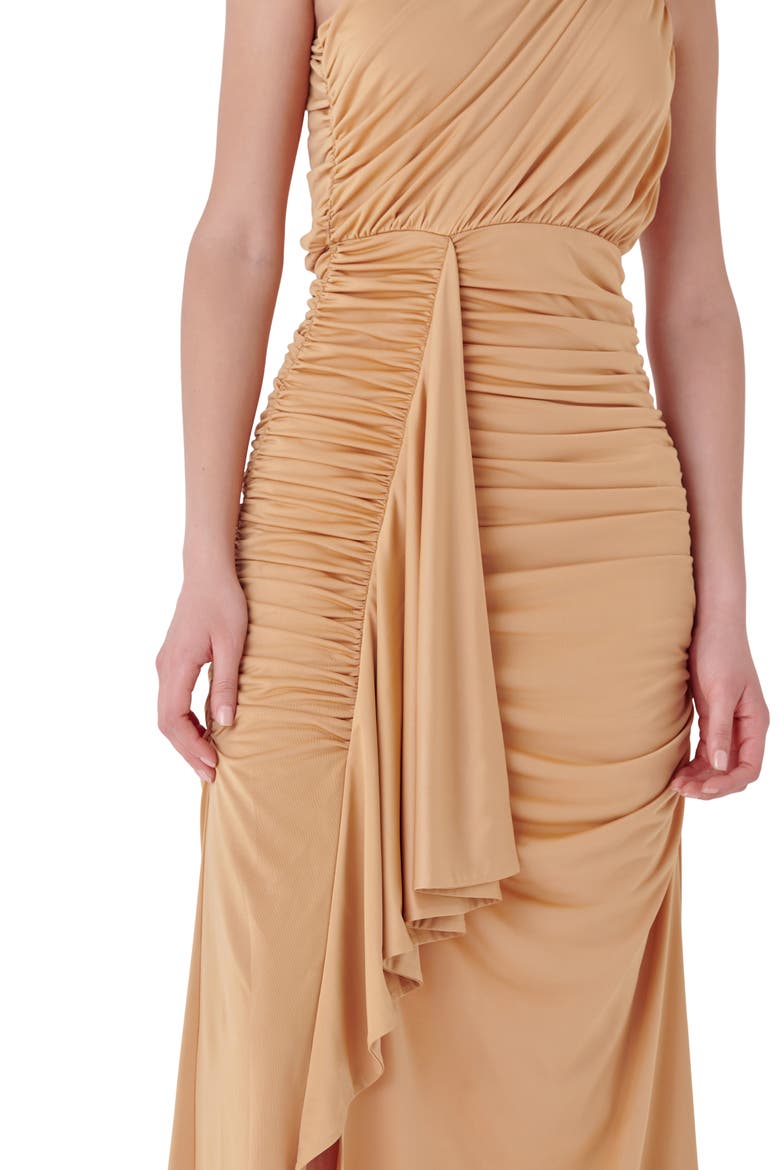 One-Shoulder Draped Midi Dress, Alternate, color, TAN