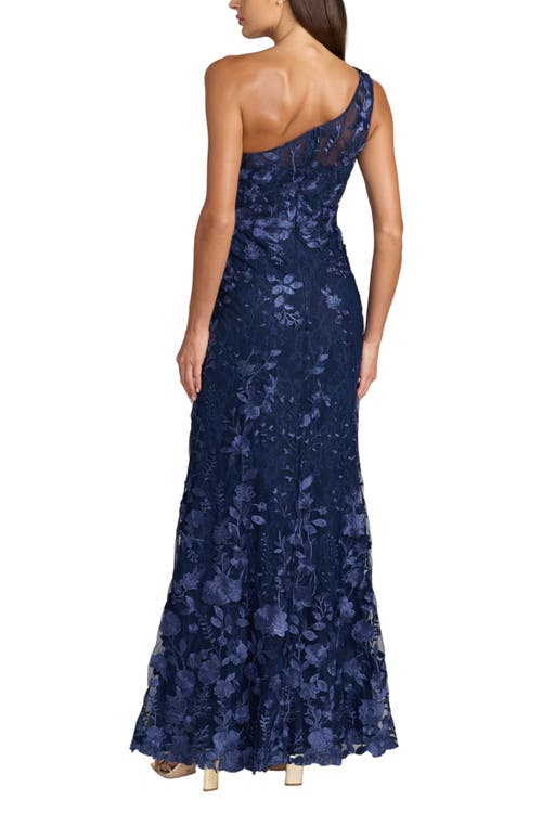 Mac Duggal One Shoulder Lace Embroidered Gown In Blue