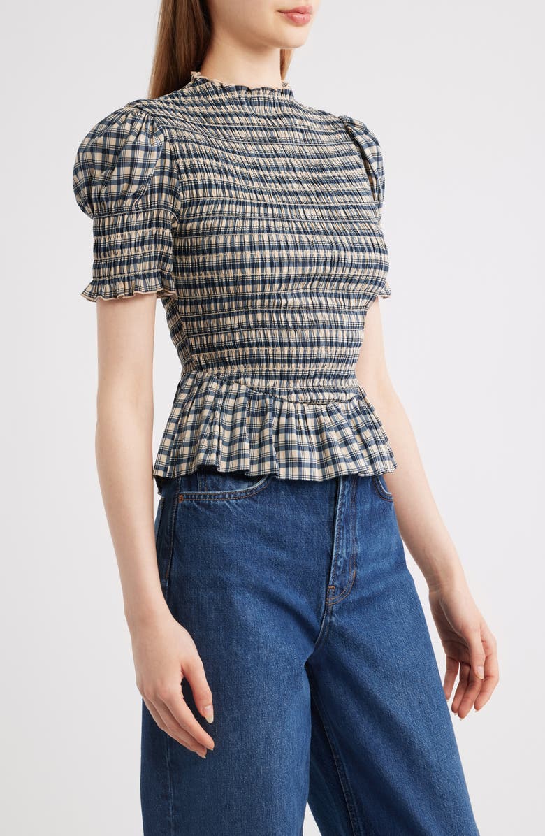 Reformation Aggie Smocked Ruffle Hem Top, Alternate, color, Beacon Check