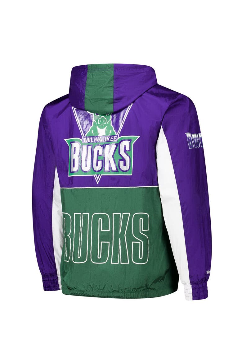 Men's Mitchell & Ness Green/Purple Milwaukee Bucks Hardwood Classics Big Shot Premium Full-Zip Windbreaker Jacket, Alternate, color, Green