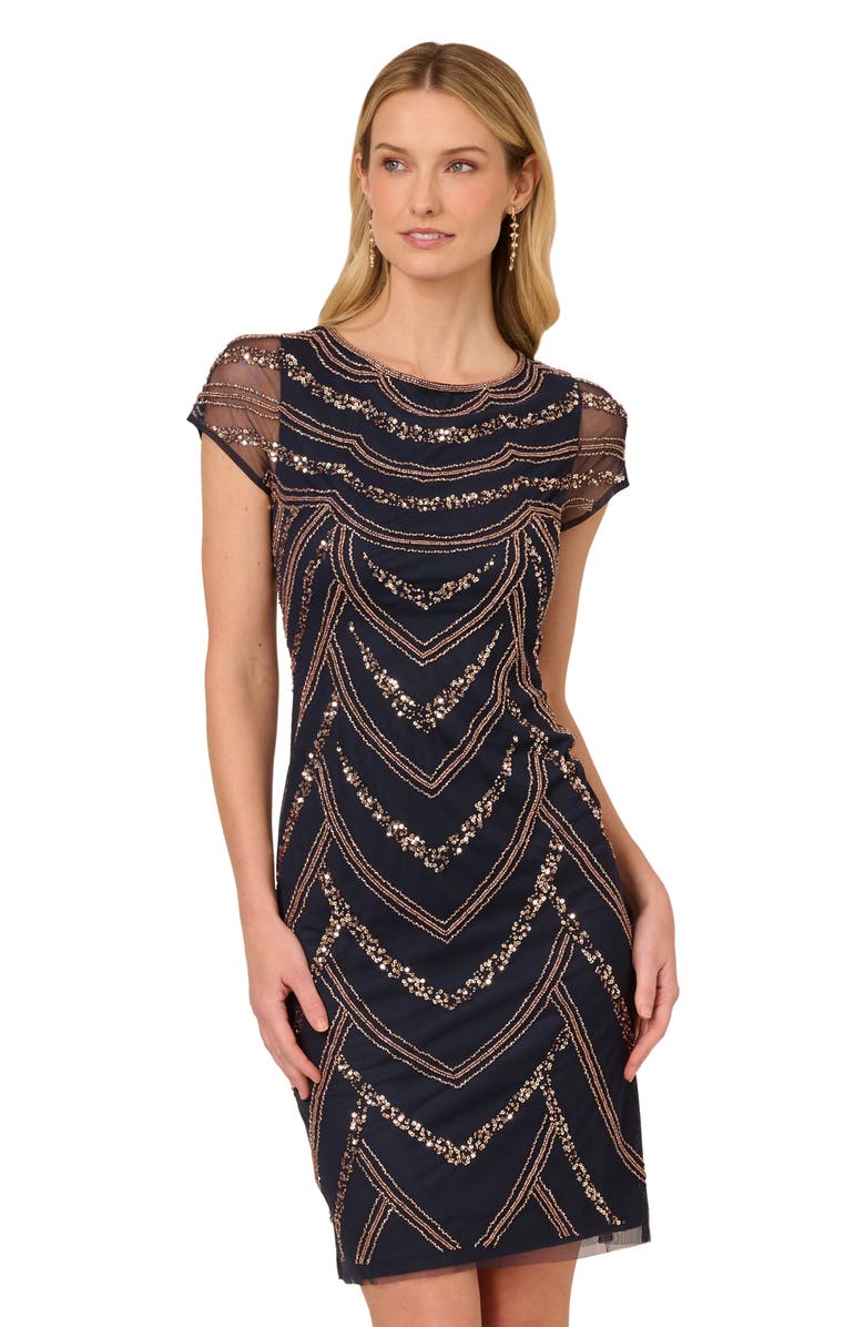 Adrianna Papell Beaded Cocktail Dress, Alternate, color, Navy/Rosegold