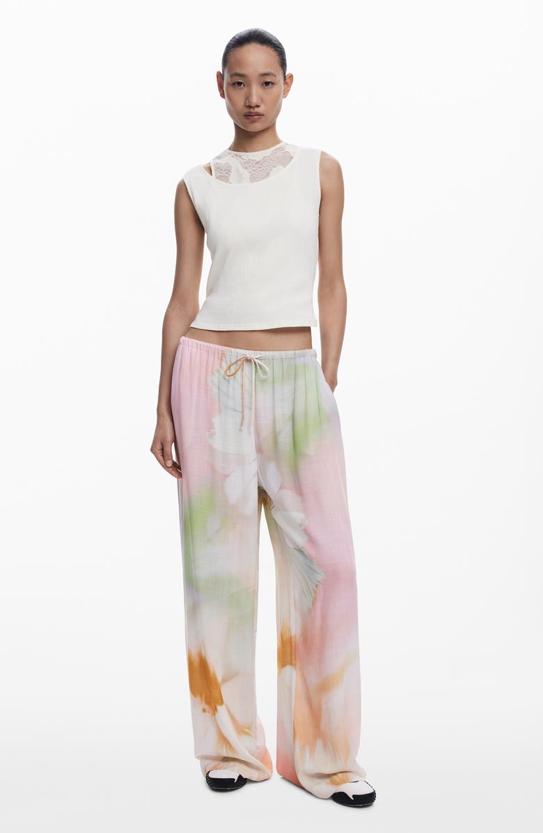 Desigual Fluid Watercolor Wide Leg Pants, Alternate, color, Beige