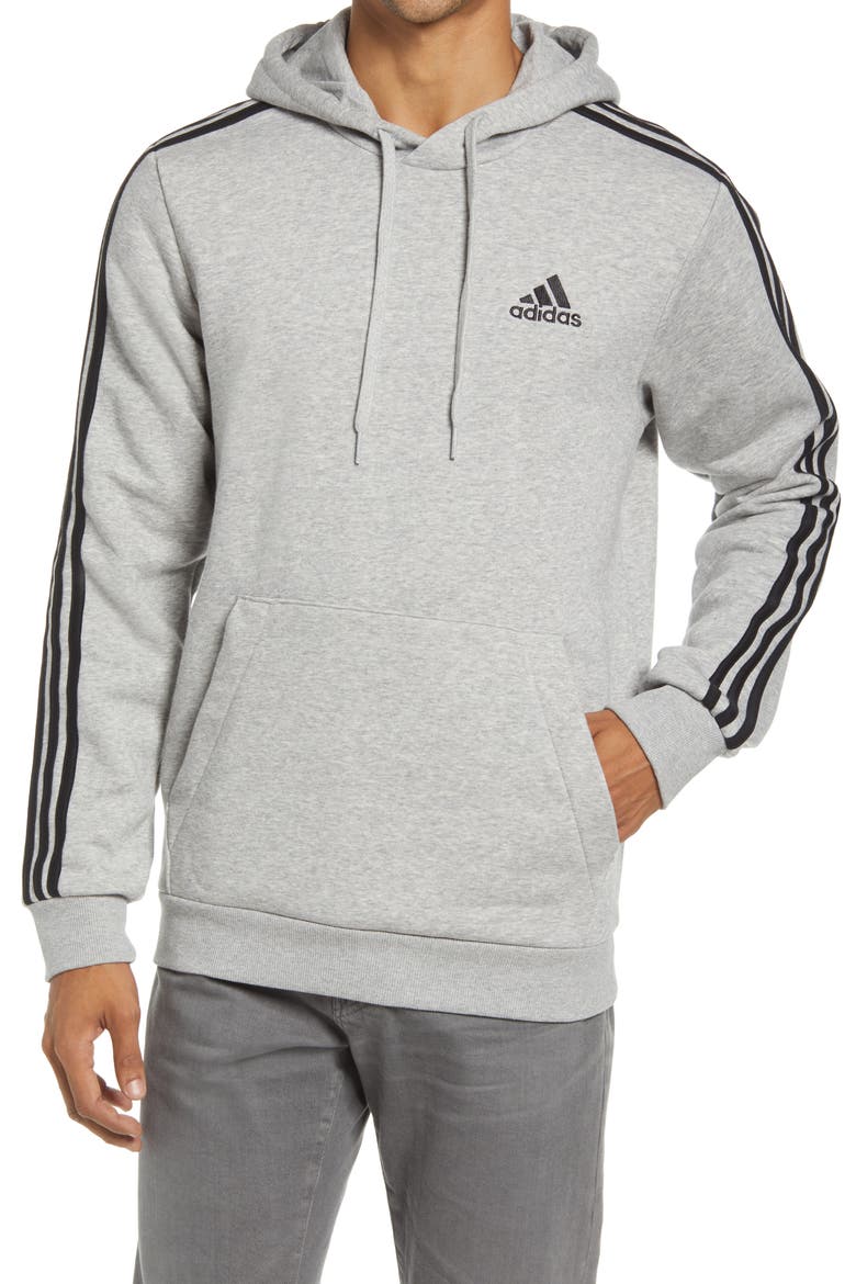 Essential Fleece 3-Stripes Pullover Hoodie, Main, color, MEDIUM GREY HEATHER/BLACK