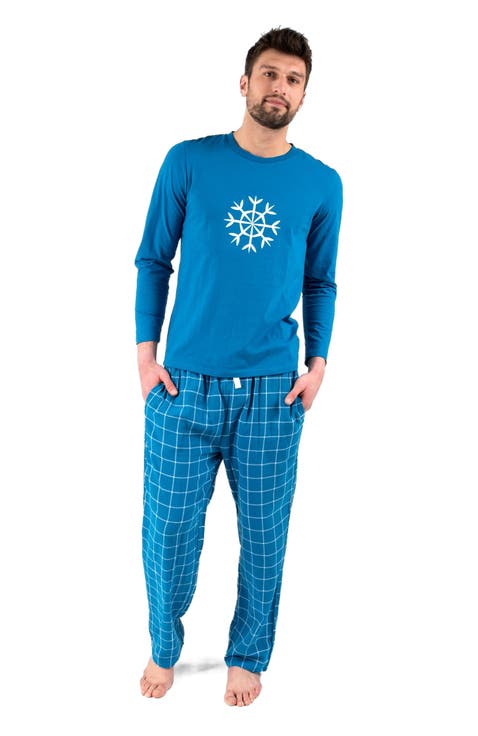 Men's Cotton Top & Flannel Pants Printed Holiday Pajama Set