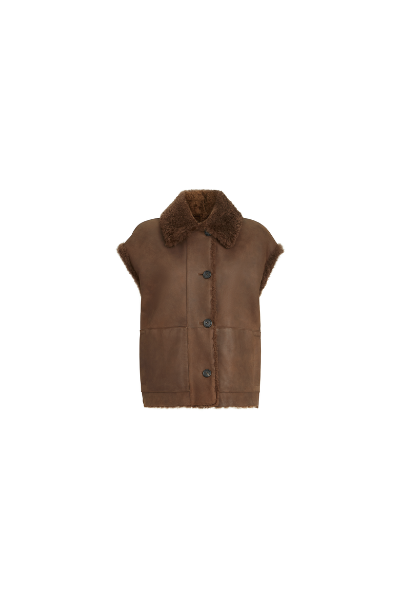 Fuzzy shearling reversible vest with monili, Alternate, color, Chocolate