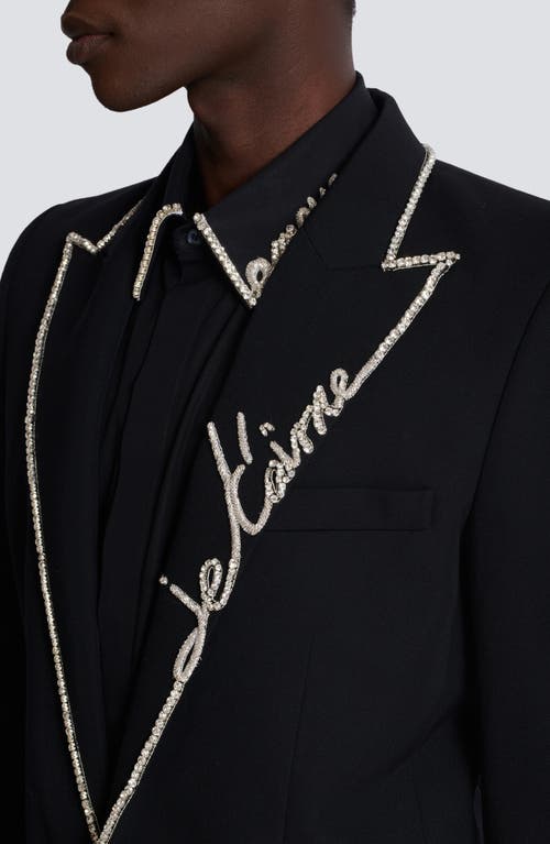 Balmain Love Letter Crystal Piping Wool Grain De Poudre 1-button Jacket In Ehv Black/crystal