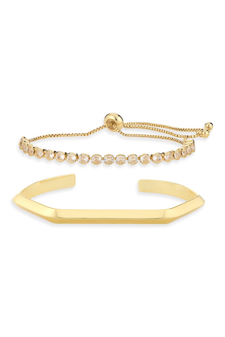 Set of 2 Geometric Bangle & Cubic Zirconia Tennis Bracelets, Alternate, color, GOLD