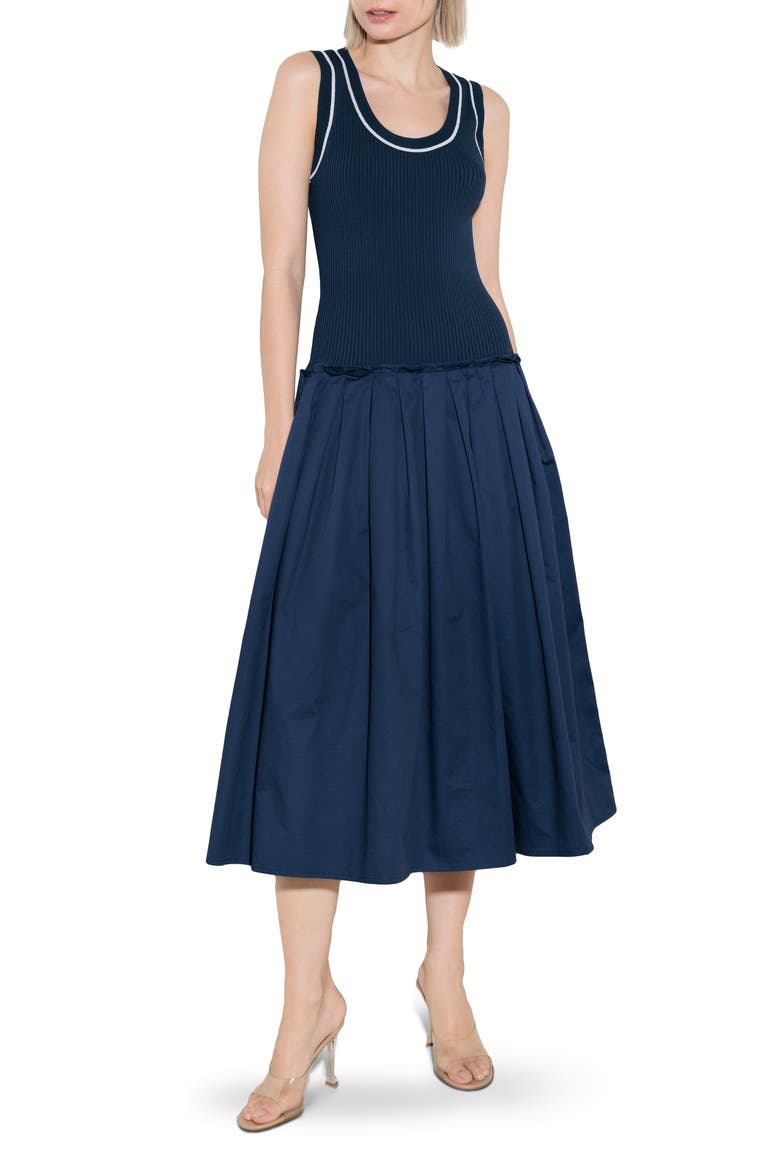 Mixed Media A-Line Dress, Main, color, NAVY/ WHITE