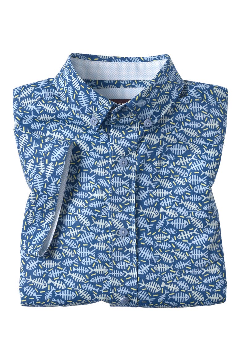 Kids' Fishbone Print Short Sleeve Cotton Button-Down Shirt, Alternate, color, NAVY