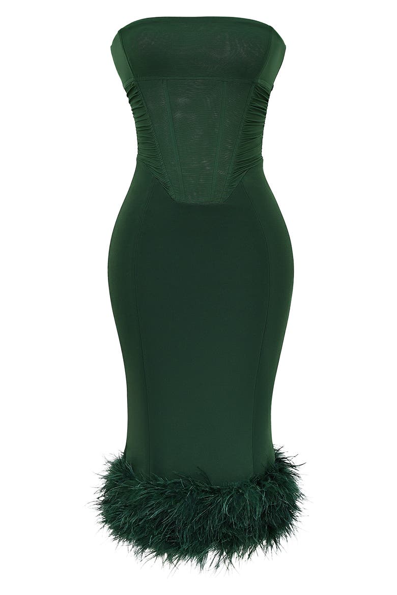 Fionula Strapless Feather Hem Midi Dress, Alternate, color, EMERALD GREEN