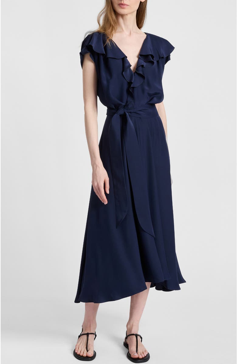 Santorelli Mandy Ruffled Faux Wrap Silk Midi Dress, Main, color, Midnight