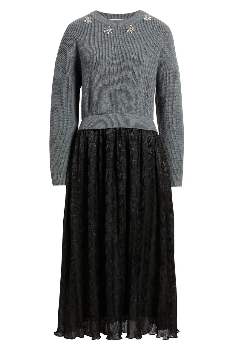 Mixed Media Embellished Long Sleeve Sweater Dress, Alternate, color, GREY/ BLACK