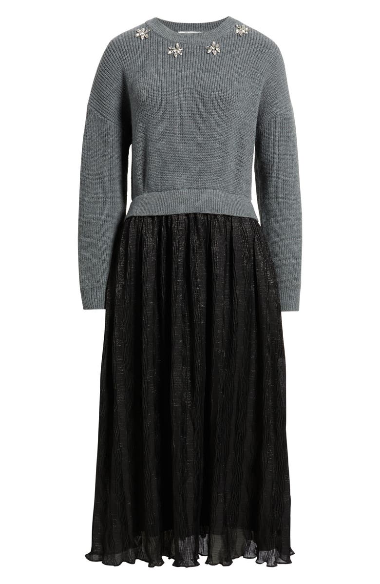 ZOE AND CLAIRE Mixed Media Embellished Long Sleeve Sweater Dress, Alternate, color, Grey/ Black