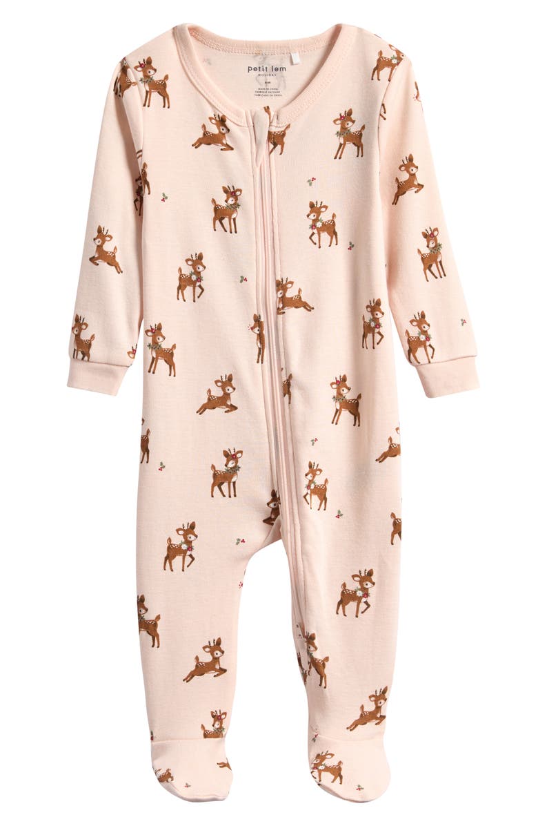 Petit Lem Reindeer Print Organic Cotton Fitted Footie Pajamas, Main, color, Light Pink