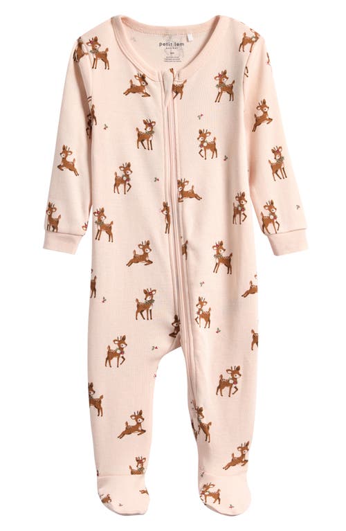 Petit Lem Reindeer Print Organic Cotton Fitted Footie Pajamas in Light Pink 