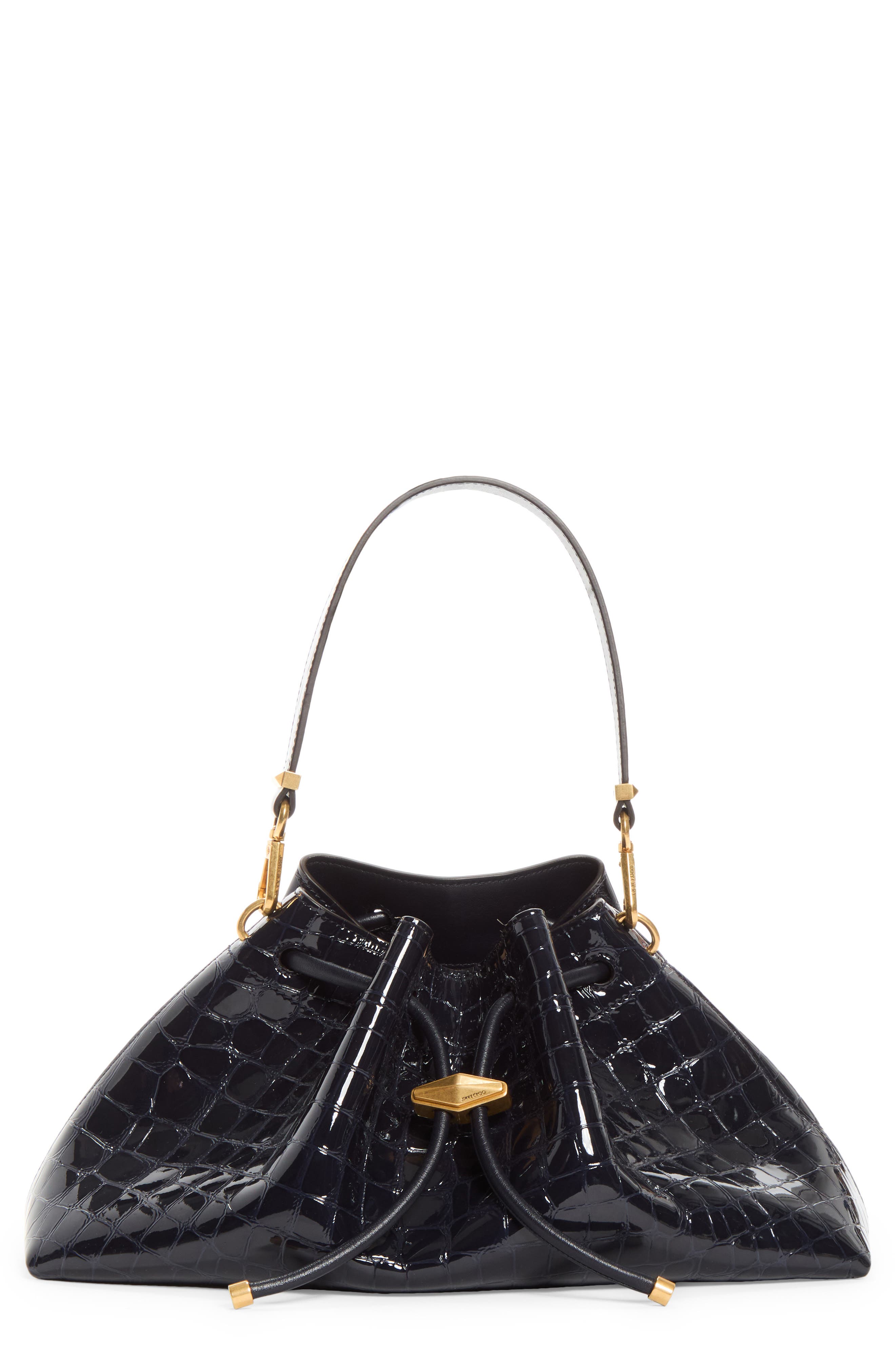 The Cinch East/West Croc Embossed Leather Bucket Bag, Main, color, MARINE/ GOLD
