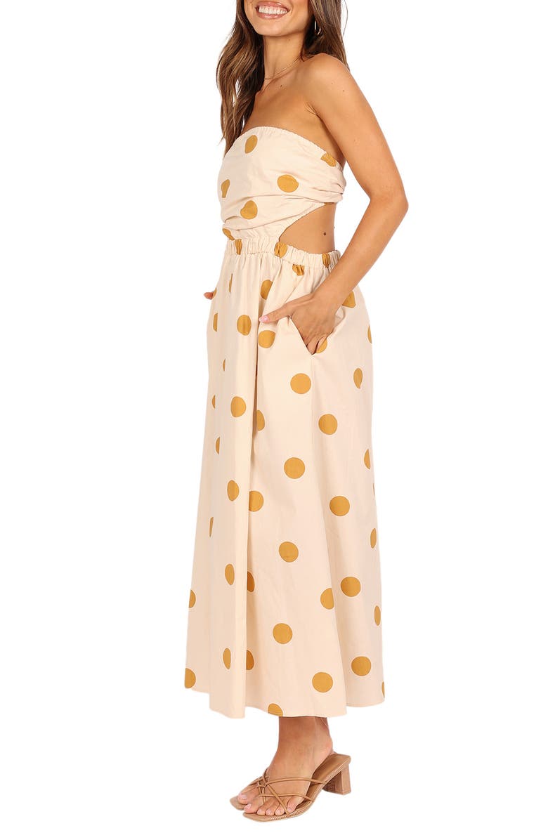 Petal & Pup Angelique Polka Dot Strapless Open Back Maxi Dress, Alternate, color, Beige Spot