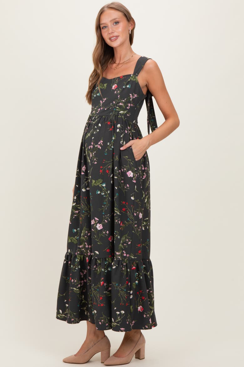 Green Floral Bow Strap Maxi Dress, Alternate, color, Forest Green