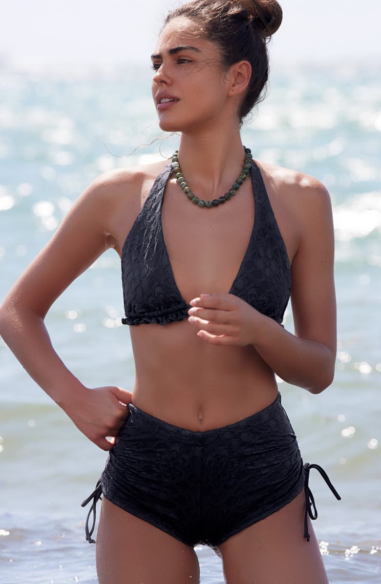 free-est by Free People Ginny Ruched Jacquard Bikini Bottoms, Alternate, color, Black