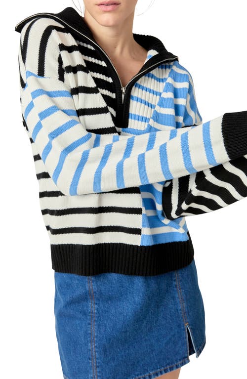 English Factory Stripe Half Zip Pullover In Powder Blue/black