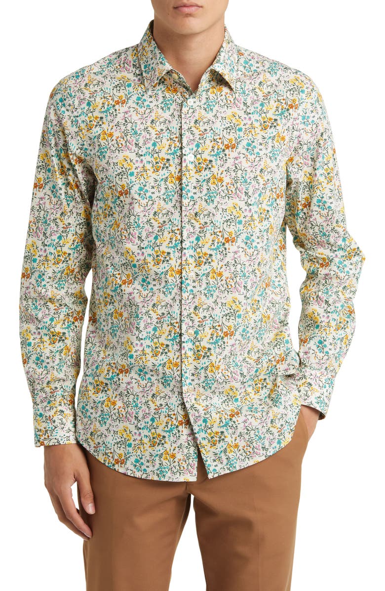Paul Smith Tailored Fit Floral Cotton Dress Shirt, Main, color, Whites