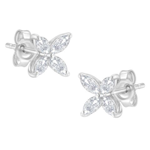 14K Gold 1/2 Ct Marquise Diamond 8 Stone Floral Leaf Stud Earrings