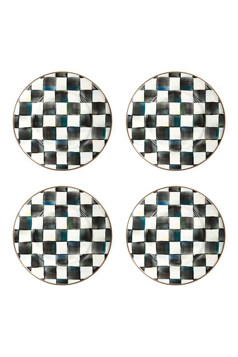 Courtly Check Set of 4 Enamel Salad Plates, Main, color, BLACK/ WHITE