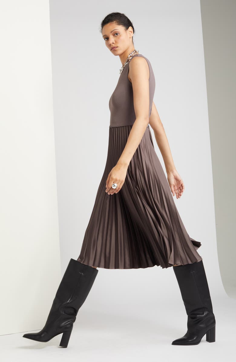 Nordstrom Pleated Mixed Media Midi Dress, Alternate, color, Grey Plum