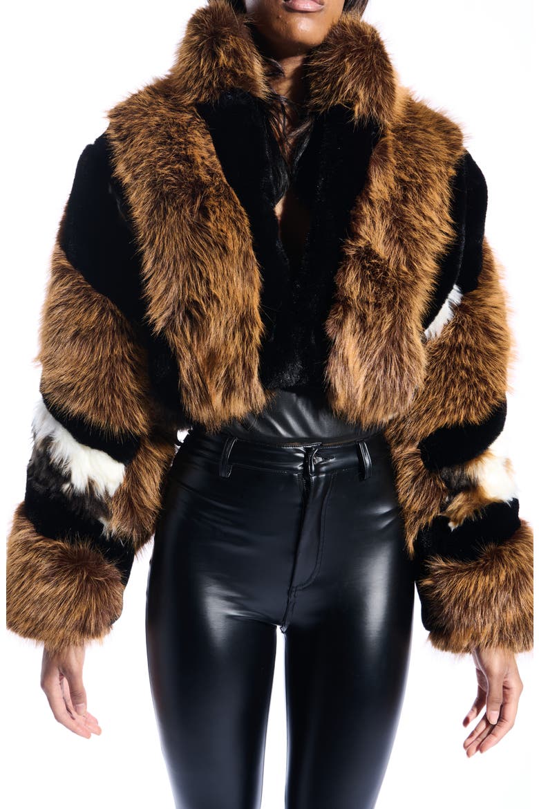Chiara Faux Fur Crop Jacket, Alternate, color, BROWN MULTI