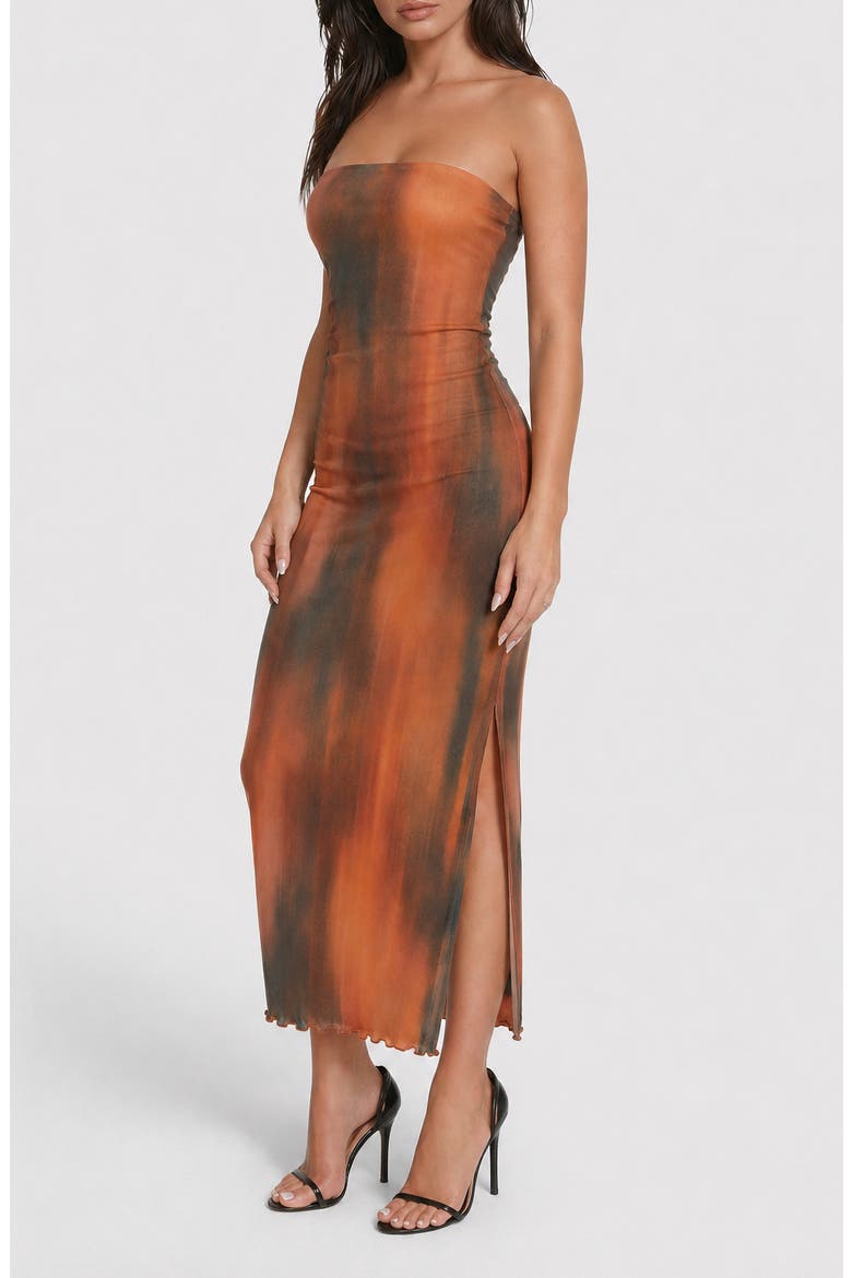 Printed Mesh Strapless Maxi Dress, Alternate, color, BROWN MULTI