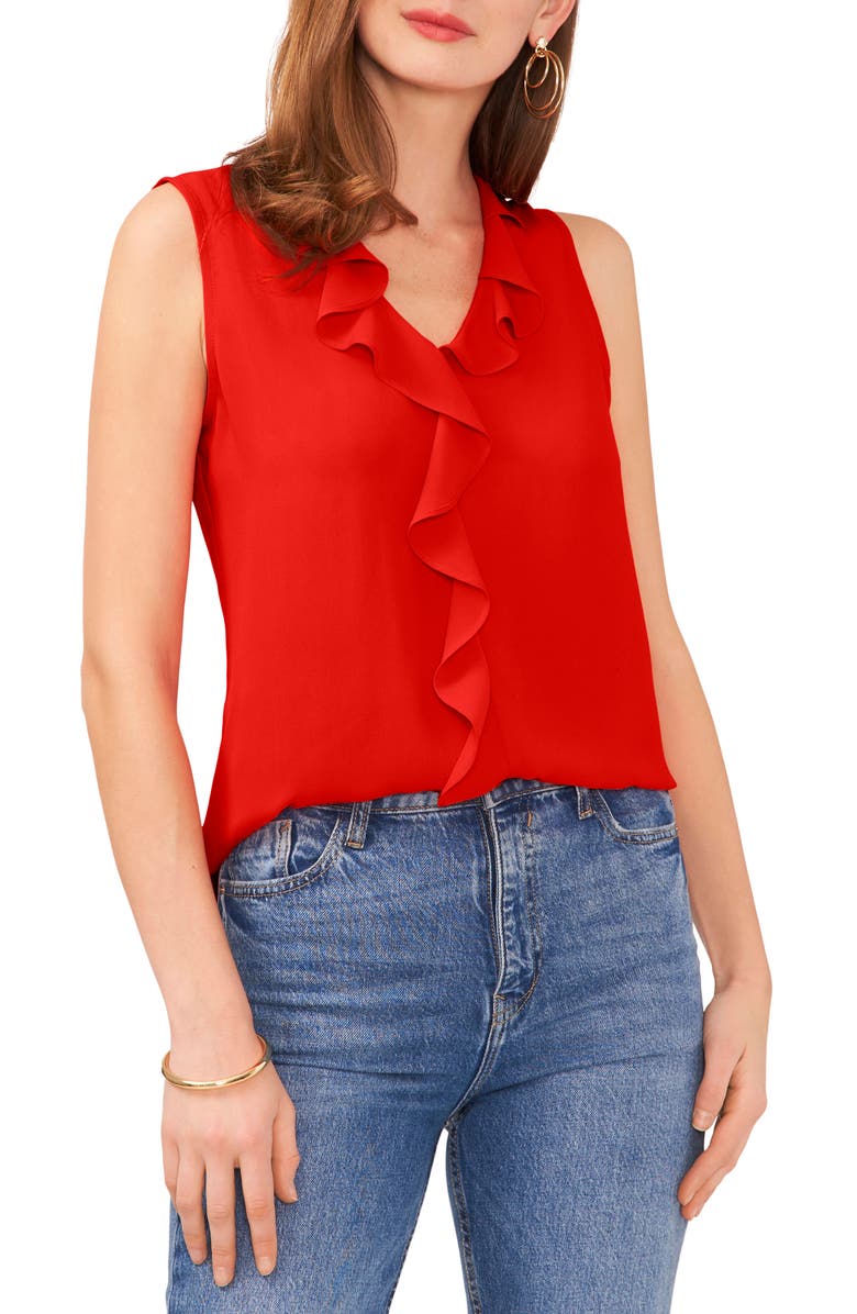 Vince Camuto Ruffle Neck Sleeveless Georgette Blouse, Main, color, Firey Red