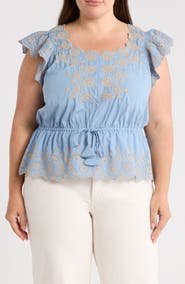 Democracy Embroidered Eyelet Flutter Sleeve Peplum Top