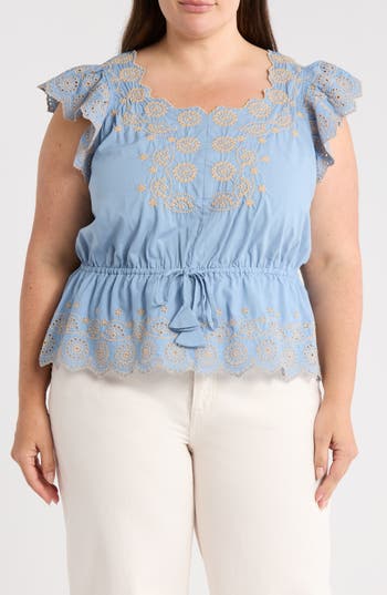 Democracy Embroidered Eyelet Flutter Sleeve Peplum Top In Blue