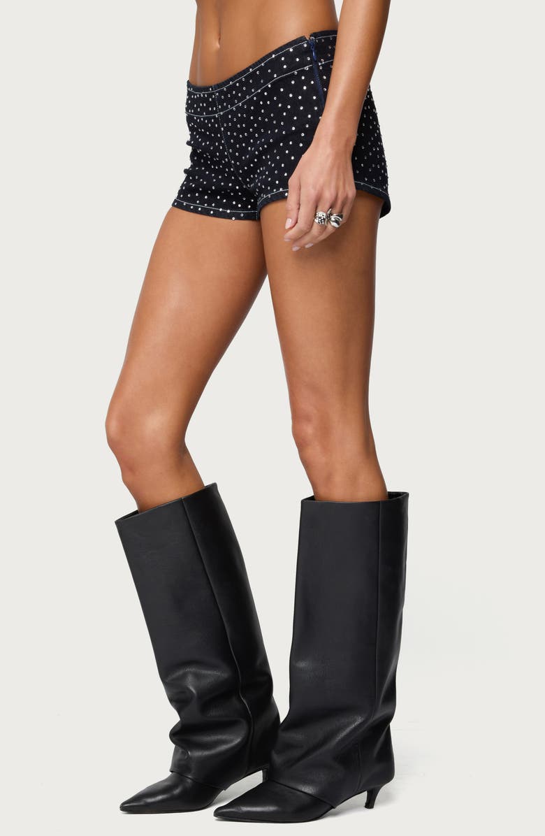 EDIKTED Moirah Rhinestone Denim Micro Shorts, Alternate, color, 